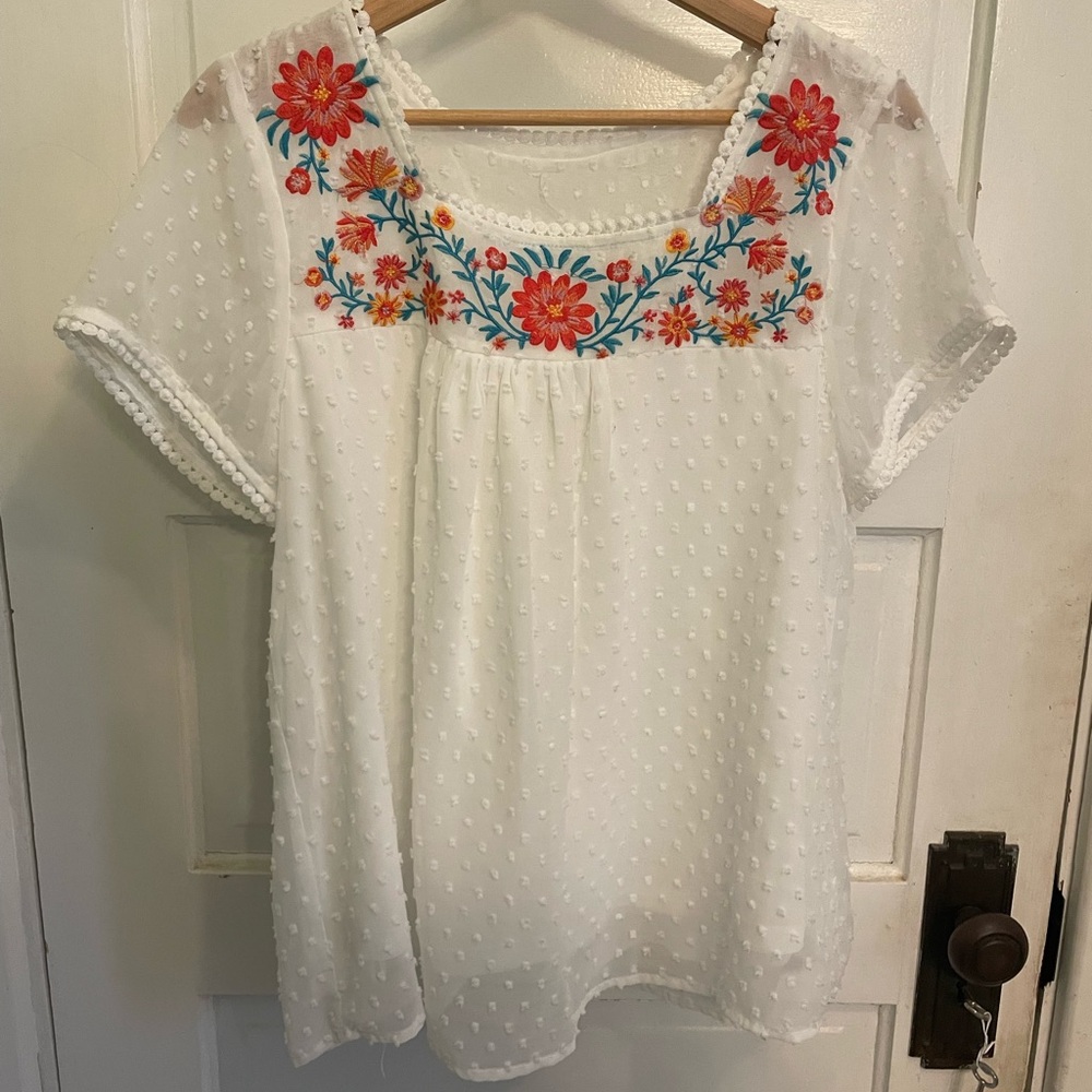 Source Unknown White Swiss Dot Blouse with Orange & Turquoise Floral Embroidery